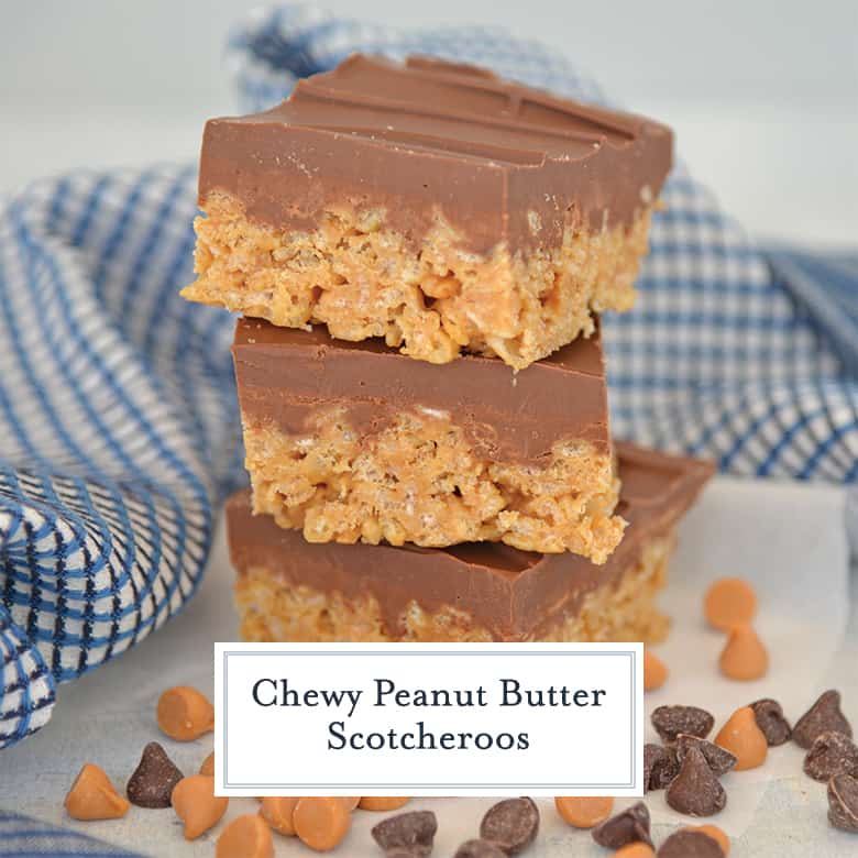 Stack of scotcheroos with blue linens and chocolate chips