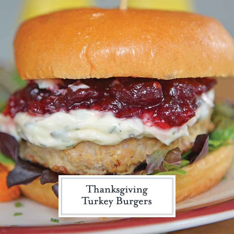 Turkey burger on a brioche roll with herbed mayo and cranberry sauce