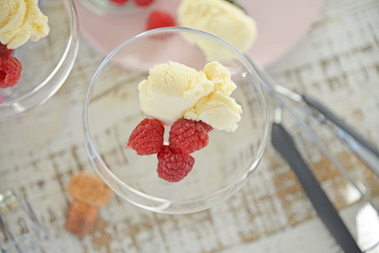 Close up of ice cream and raspberries 