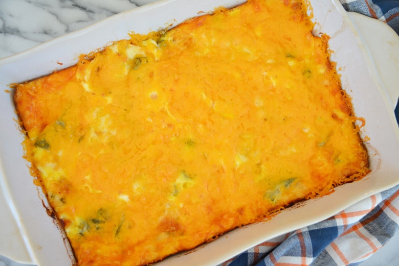 Overhead of baked green chile casserole 