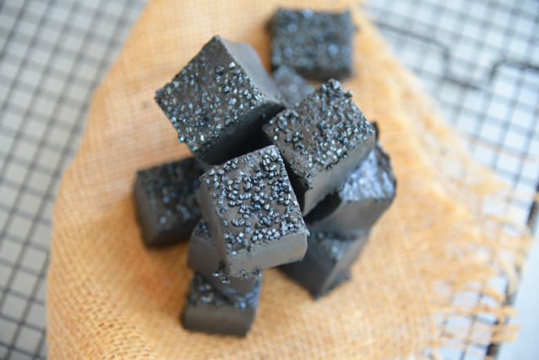 black fudge on burlap