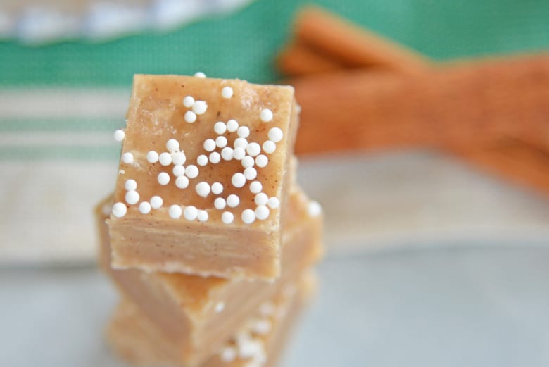 close up of a square of gingerbread fudge 