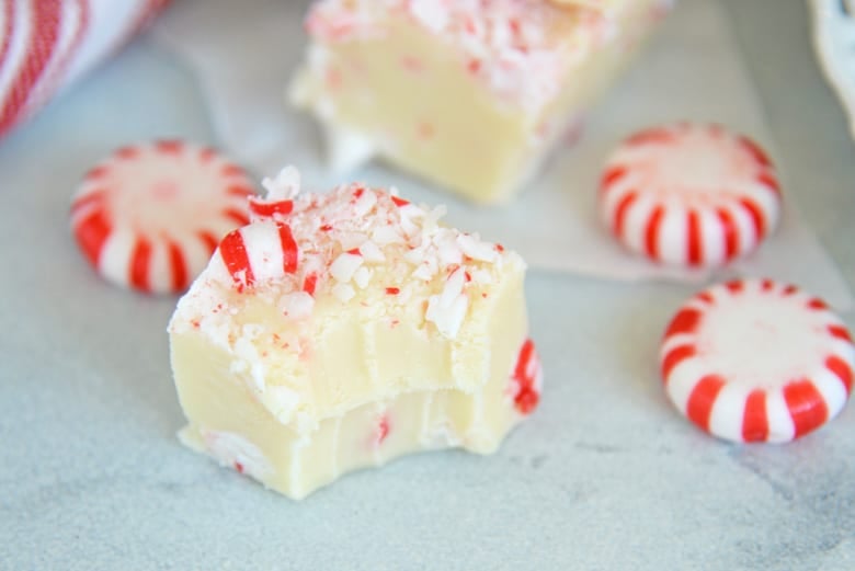 Easy peppermint fudge with a bite taken out 