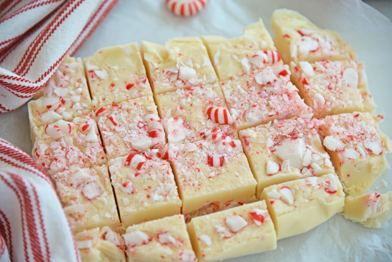 Peppermint fudge after just being cut. 
