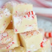 Close up of a stack of peppermint fudge