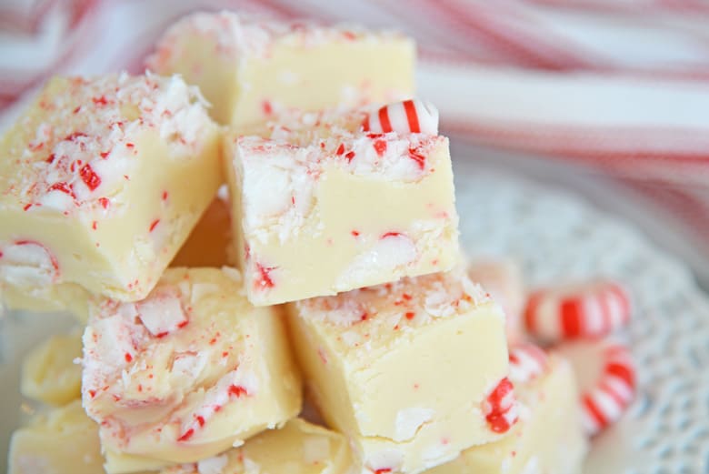 Close up of a stack of peppermint fudge