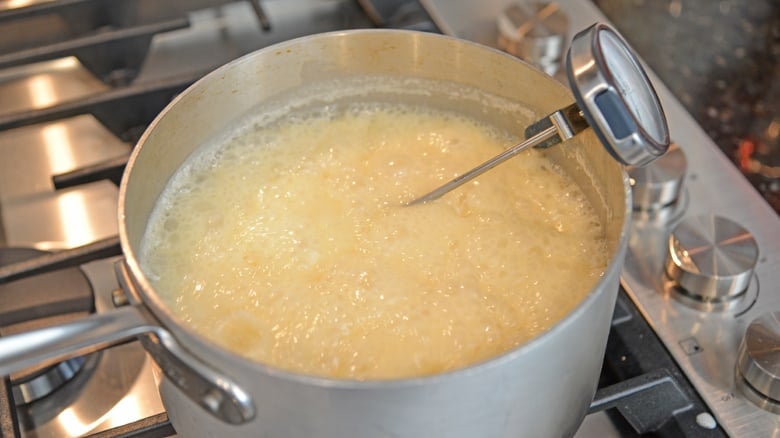 Vanilla fudge simmering in saucepan