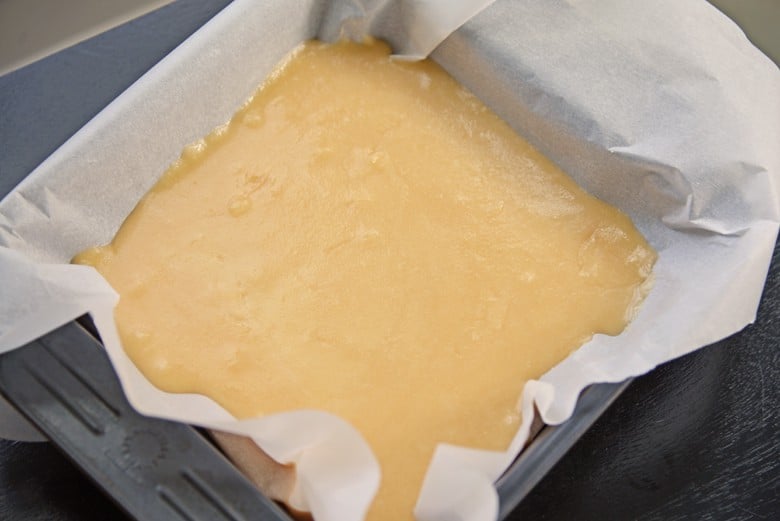 Vanilla fudge setting in a 8x8 square baking dish 