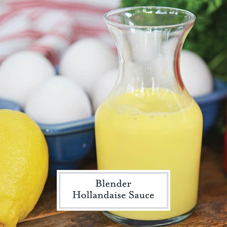 Blender Hollandaise Sauce in a glass carafe with fresh eggs and lemon