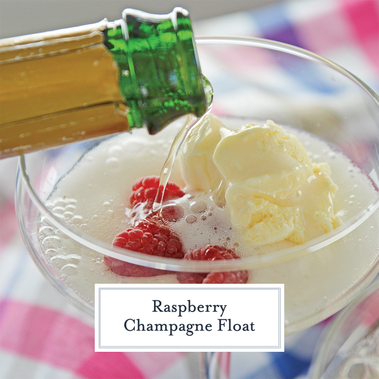 Champagne pouring into a glass with ice cream and raspberries