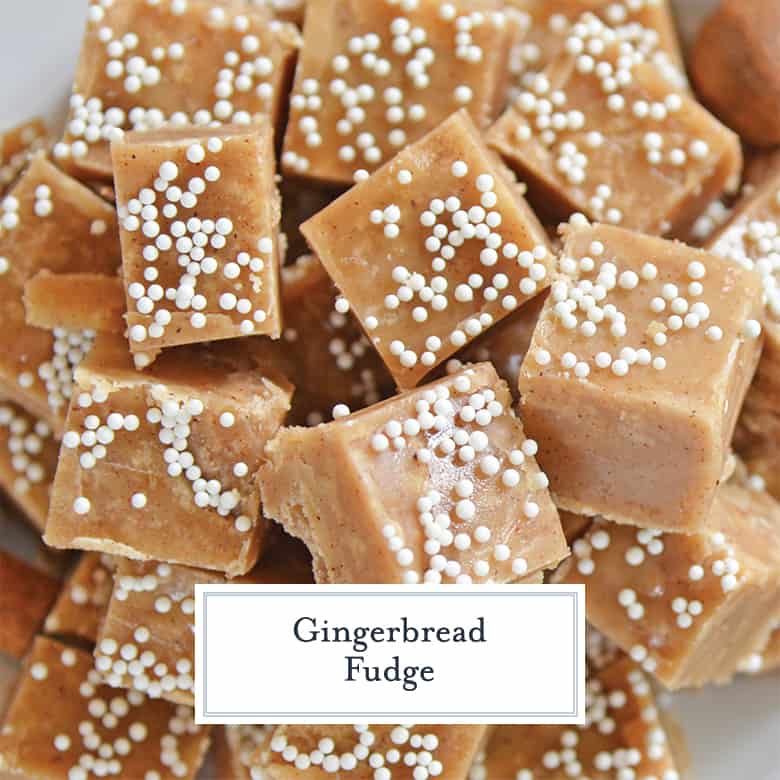 Close up of old fashioned gingerbread fudge with white candy imperials on top 