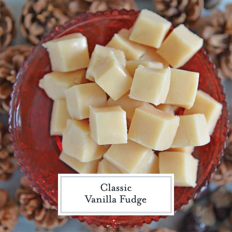 Close up of red tray with vanilla fudge 