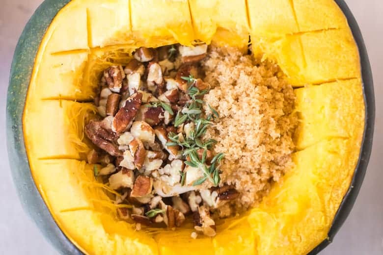 A close up of raw roast acorn squash 