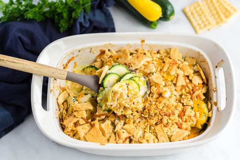 Squash casserole in a casserole dish 