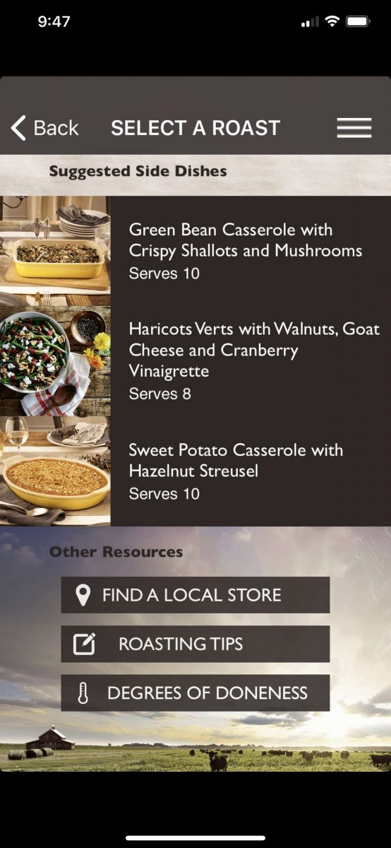 Side recipe suggestions on roast perfect app