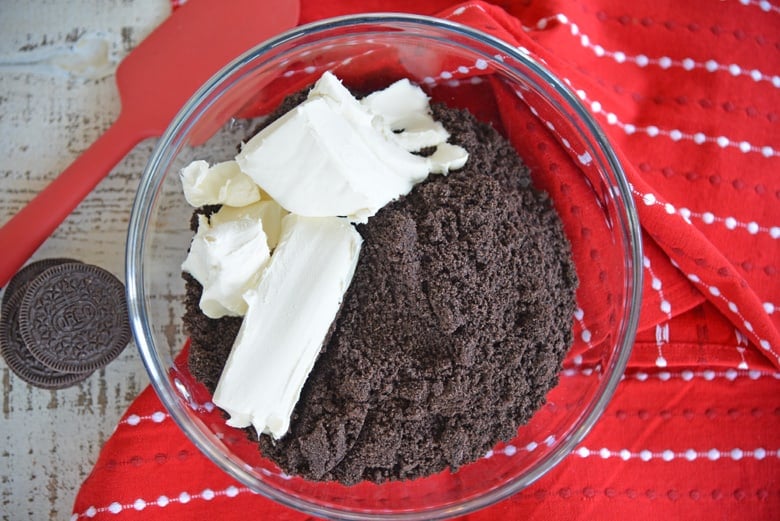 Ingredients for Oreo Cookie Balls in a mixing bowl 