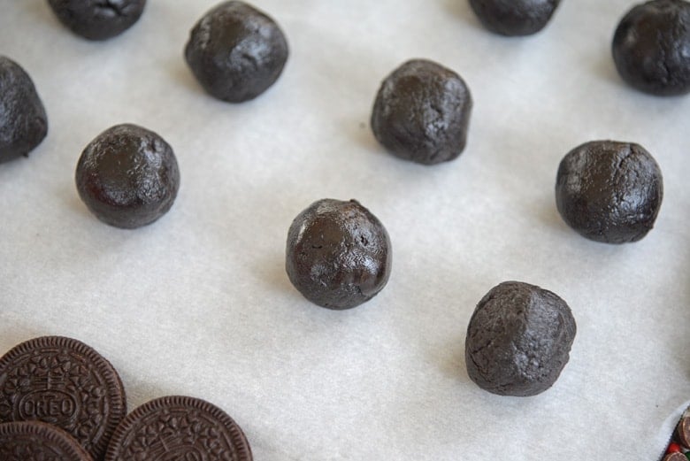 Oreo Cookie Balls on a baking sheet 