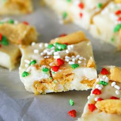 Close up of squares of sugar cookie christmas fudge recipes