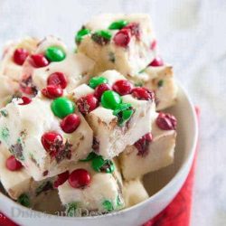 M&M Christmas Fudge recipes in a white bowl