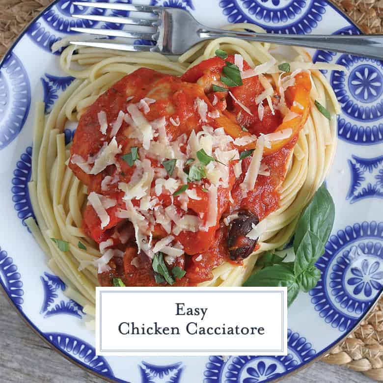 Overhead of Chicken Cacciatore on a Blue and White plate 