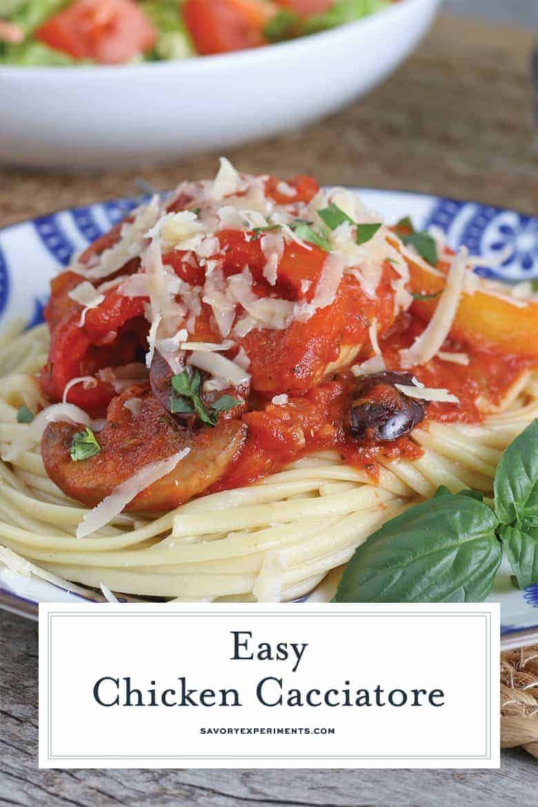 Side angle of chicken cacciatore with freshly grated mozzarella 