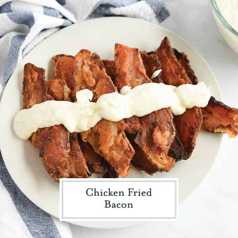 Chicken Fried Bacon is thick cut bacon dredged in seasoned flour, like chicken fried steak, and then fried to a golden brown and served with Cream <a class=