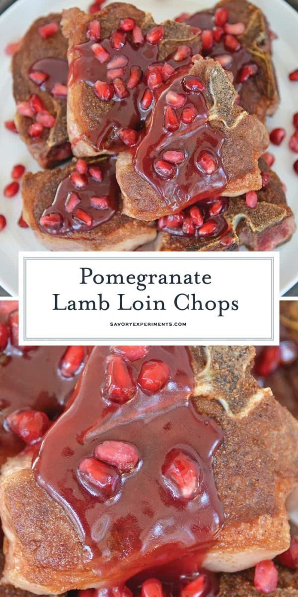 Close up of lamb loin chops with pomegranate sauce for Pinterest 