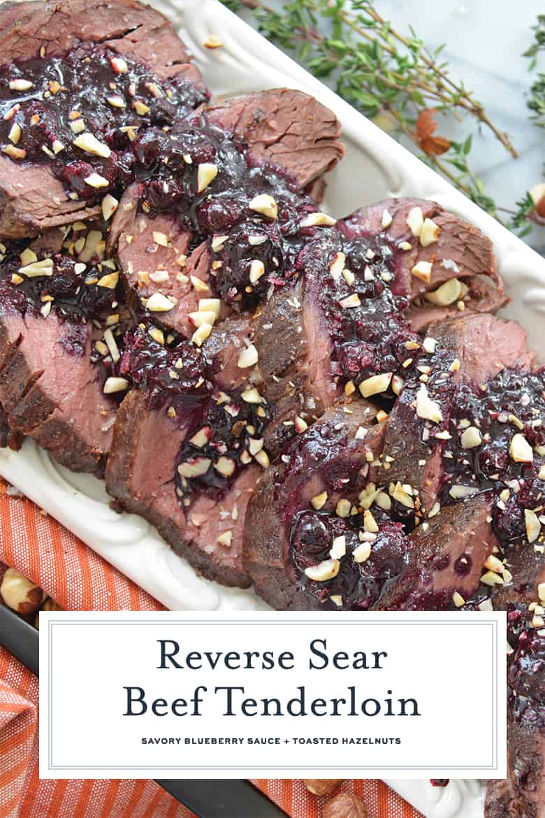 Sliced beef tenderloin smothered in blueberry sauce