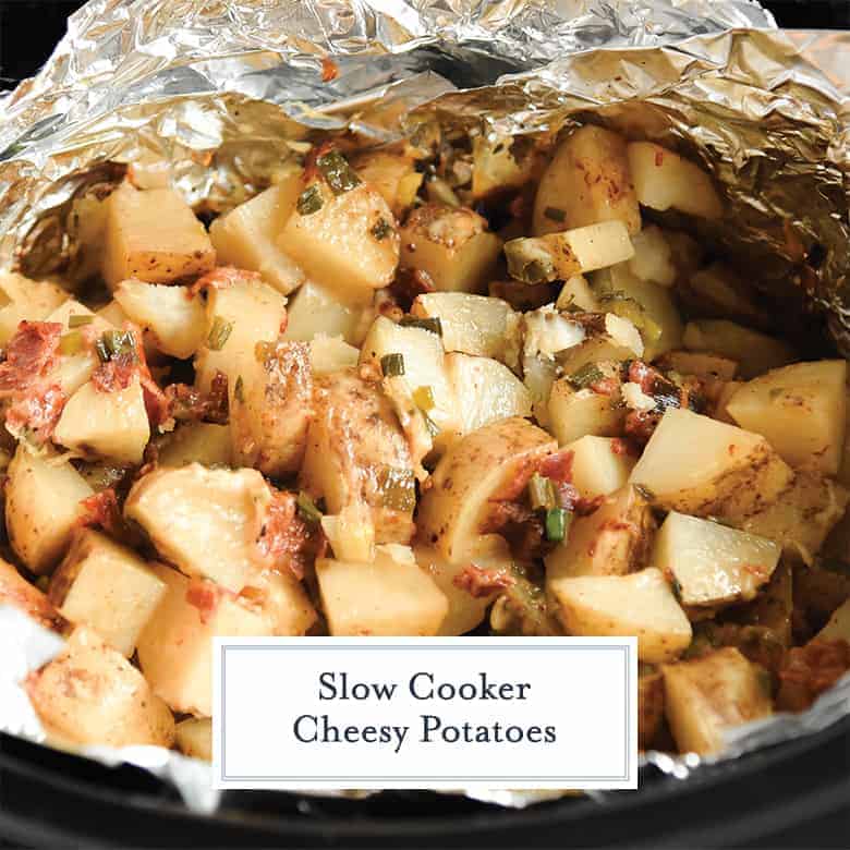 Close up of slow cooker cheesy potatoes
