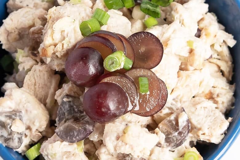 close up of traditional chicken salad with grapes