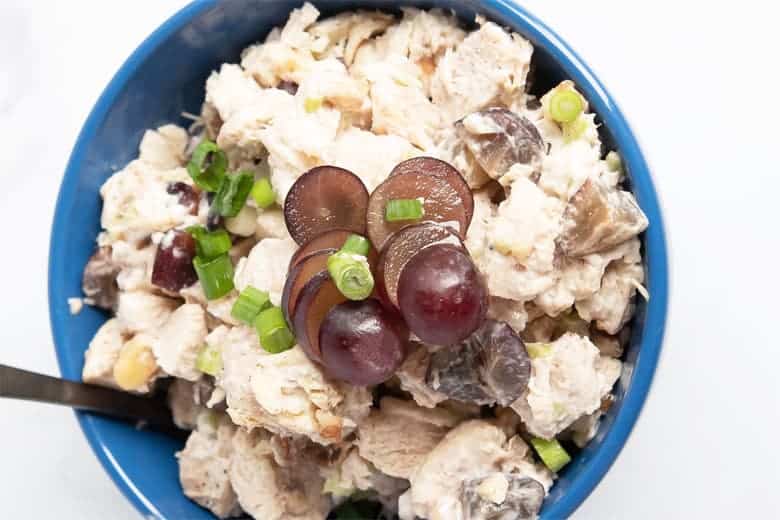 bowl of chicken salad with grapes and walnuts 