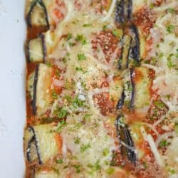 eggplant rollatini in a casserole dish