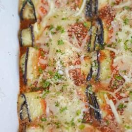eggplant rollatini in a casserole dish