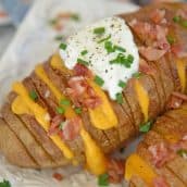 Close up of loaded baked potatoes