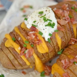 Close up of loaded baked potatoes