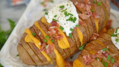 Close up of loaded baked potatoes