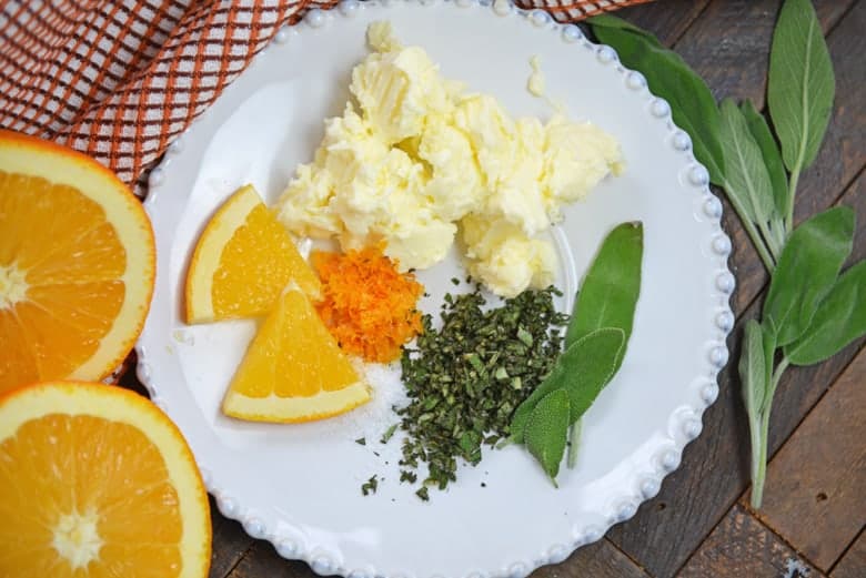 Ingredient for orange sage butter: sage, orange zest, butter and salt 