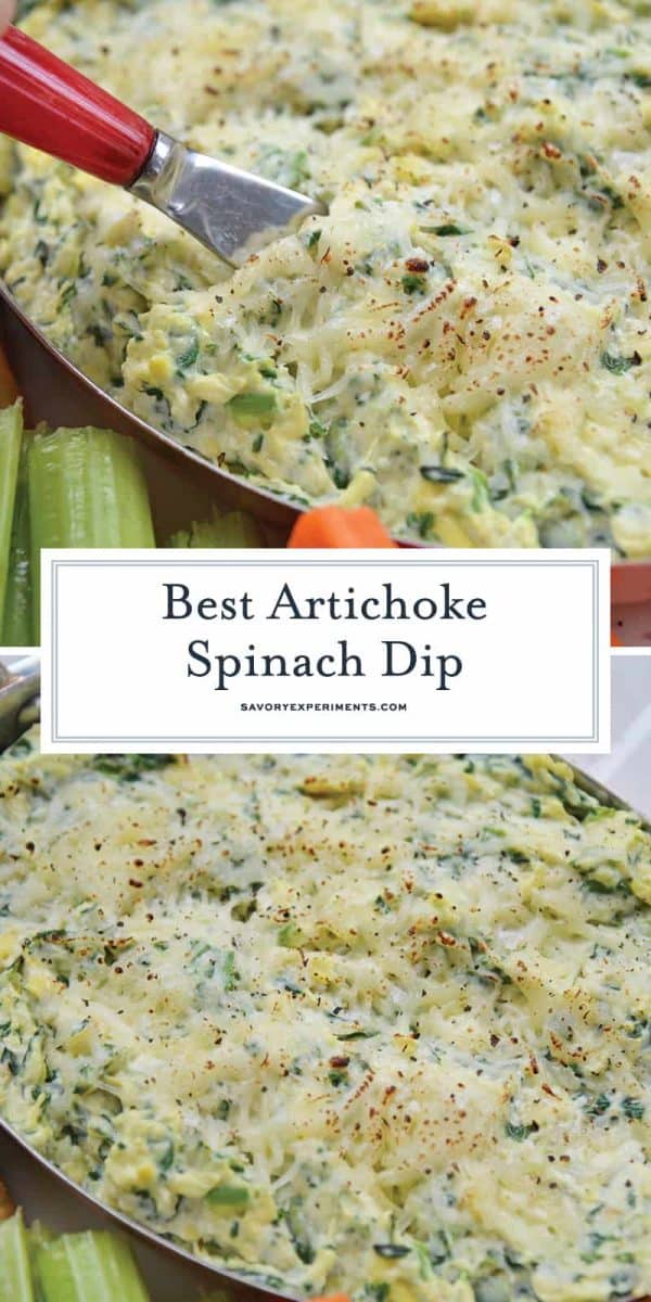 Close up of knife in a cheesy spinach dip for Pinterest  