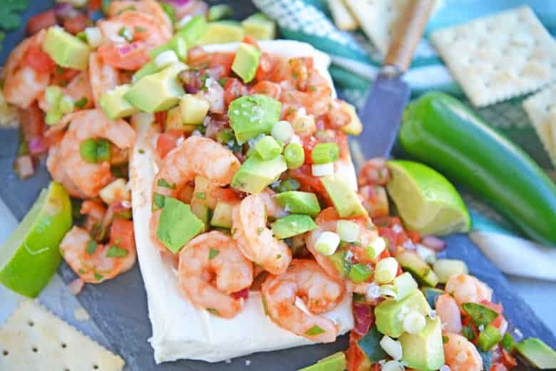 Close up of Mexican Shrimp Dip with cream cheese