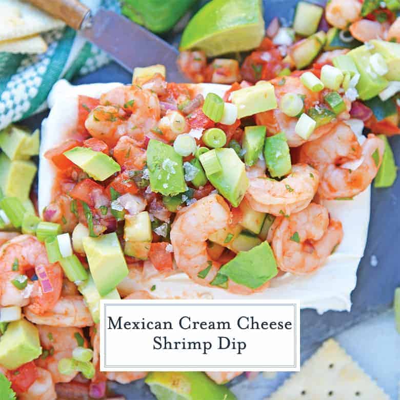 Overhead view of Mexican Shrimp Cocktail over a brick of cream cheese