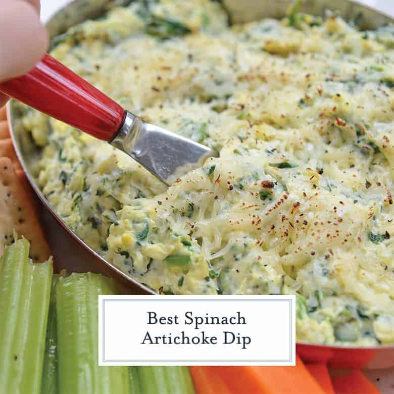 Close up of cheesy artichoke spinach dip 