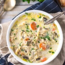 overhead shot of bowl of instant pot chicken and rice soup