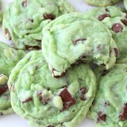 overhead shot of mint chocolate chip cookies
