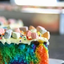 straight on shot of rainbow poke cake