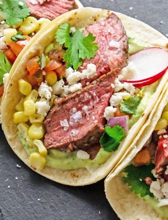 A close up of a plate of food, with Steak and Taco