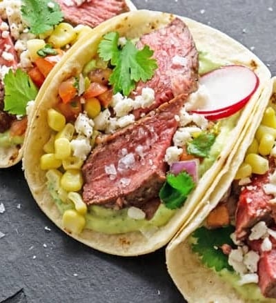 A close up of a plate of food, with Steak and Taco