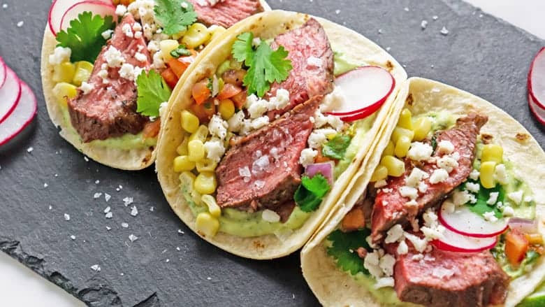 A close up of a plate of food, with Steak and Taco