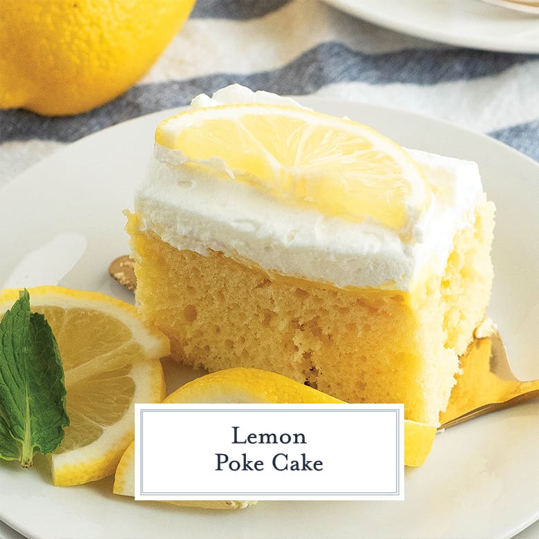 Slice of lemon poke cake 