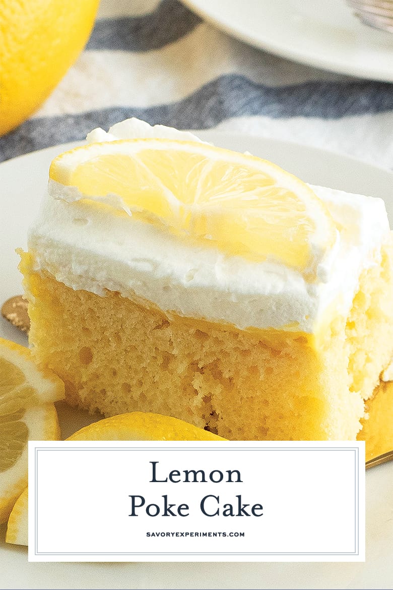 Close up of a slice of lemon poke cake  