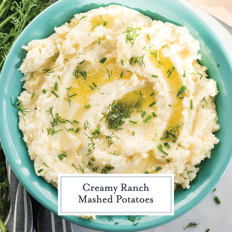 Bowl of ranch mashed potatoes with butter and fresh herbs